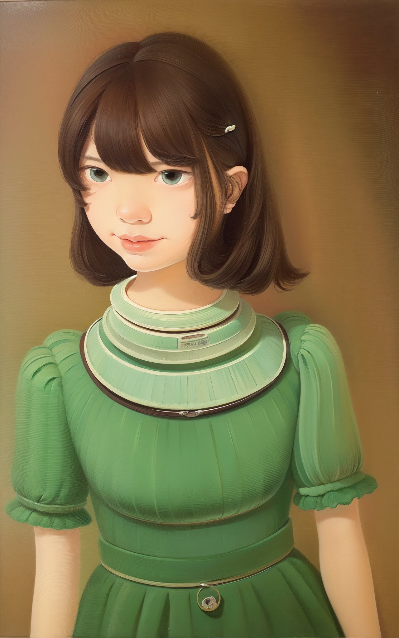 a painting,Wide-hipped body,Mint green choppy layers with bangs hairstyle,Fresh Pear GreenRibbed dress,Rustic pottery studio with clay and tools,Futuristic dystopian city viewpoint with nanoengineered weather control,Rectangle facePleased facial expression,dynamic attitude,