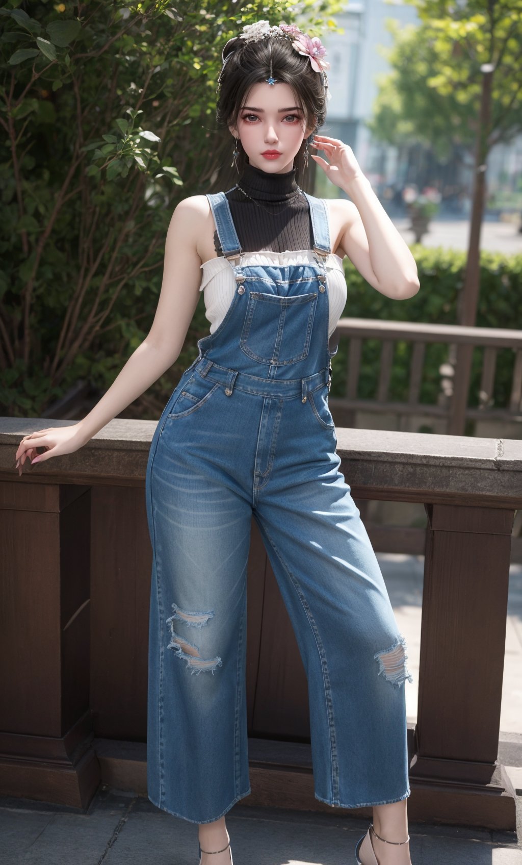 ,,masterpiece,(best quality),official art,extremely detailed cg 8k wallpaper,(extremely delicate and beautiful),,solo,realistic,photo_\(medium\),full body,stiletto heels,facial tattoo,(Sleeveless turtleneck with a ribbed texture.,Denim overalls dress with a button-down front.),adfxx,1girl,portxx,solo,earrings,flowerhair bun,hair flower,black hair,hair ornament,realistic,<lora:40muwan_v4.1:0.7>,adfxx,