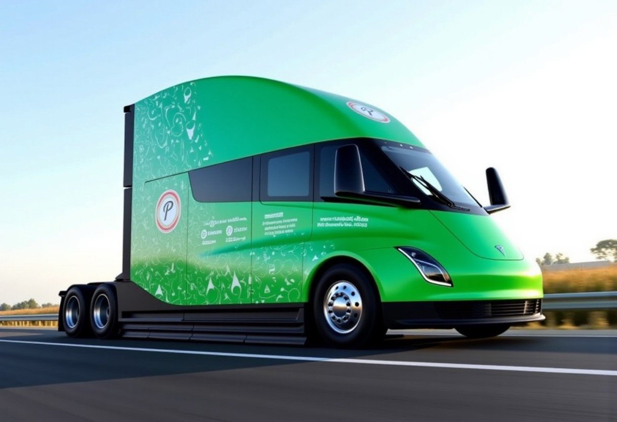 TOKTesla-Semi-shipped "Generar una imagen de un camión Tesla Semi futurista completamente envuelto en los colores de la marca de cerveza Presidente. El exterior del camión debe presentar un diseño verde y blanco vibrante, con el logotipo de la cerveza Presidente en un lugar destacado en el lateral. El entorno debe ser una carretera, con el sol reflejándose en la superficie elegante y moderna del camión. El camión debe tener un aspecto audaz y elegante, que transmita tanto sofisticación como energía. La imagen puede ser una foto realista o una representación 3D detallada".