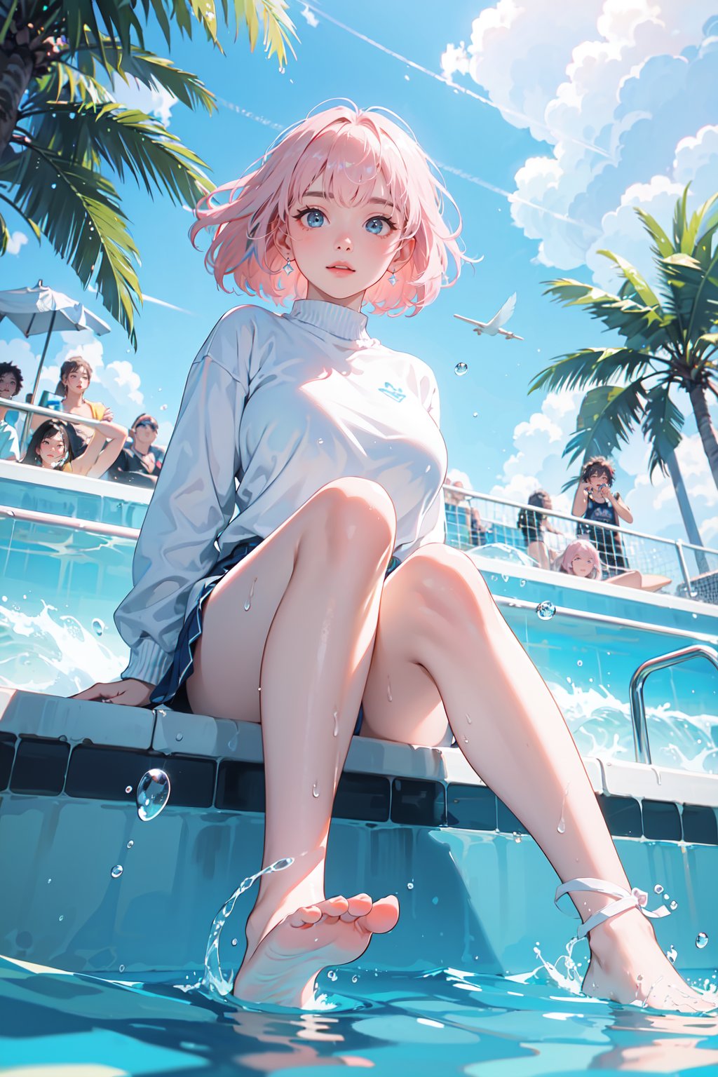 (masterpiece, best quality, high resolution, absurdres, intricate details:1.3),illustration,lens perspective,feminine,hyper detailed,ultra detailed,small details,trending on artstation,award-winning,good anatomy,(kawaii cute detailed school 1girl sitting on edge of poolside, kicking water:1.3),(from below, full body, close up:1.25),(girl close to water surface, girl sitting on white pool corner edge:1.2),(pure clear water drops flying in air:1.4),(splashing water, clear water:1.2),underwater,(lively atmosphere, lively crowd:1.7),volumetric lighting,(high contrast),white pool tiles,(detailed glowing light blue eyes, heart-shaped pupils),(long shining light pink hair blowing in wind:1.3),[(delicate fingers and hands)]:0.95,(detailed fingers),(large breasts:1.3),barefoot,(sunny summer sky background, cumulonimbus:1.25),contrail,palm trees,vivid color,(glitters),light particles,(\fan hua\),hy,((poakl)),bsx,luoxinyu,1girl,white sweater,负向提示,