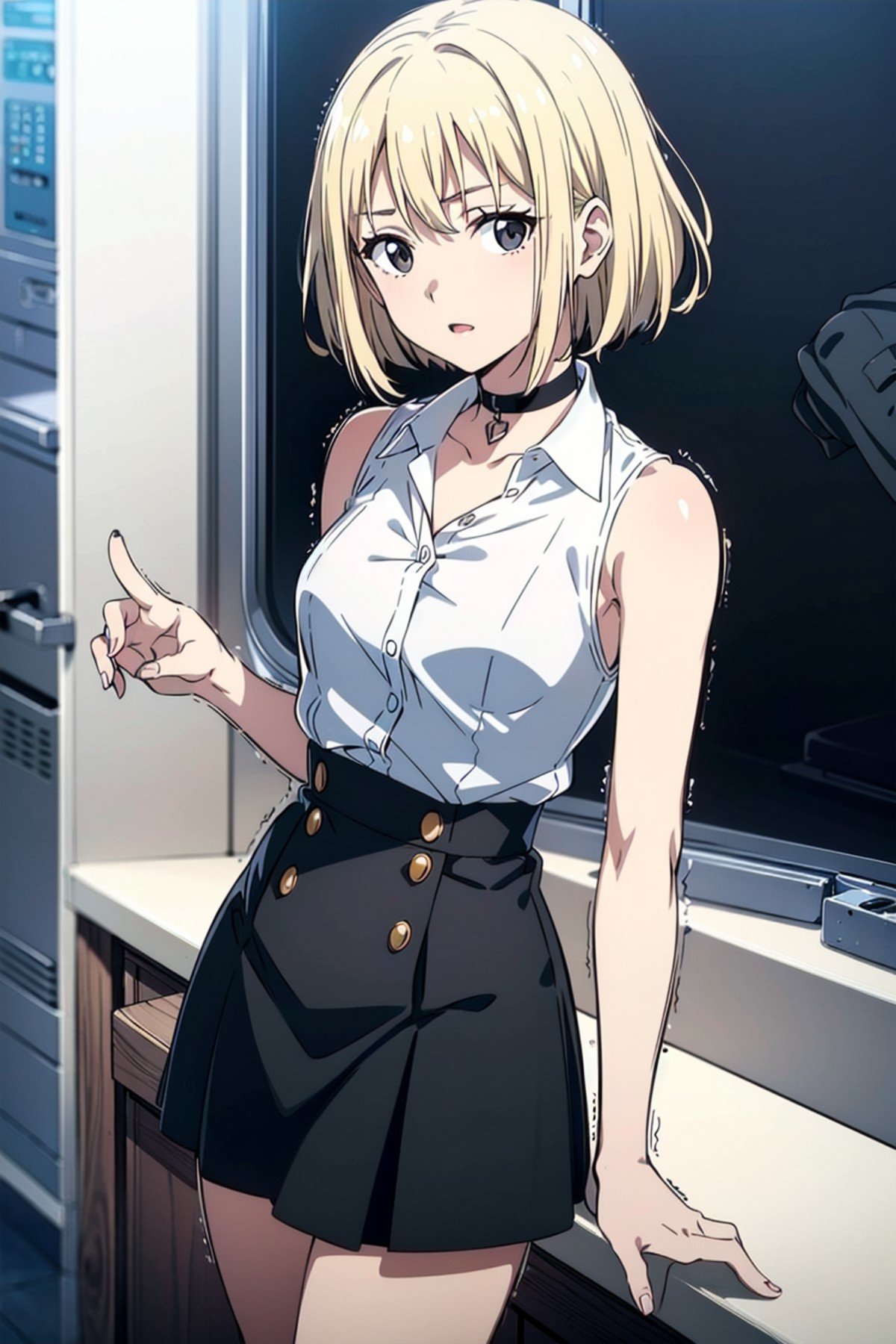 best quality, ultra high res, 1girl, sleeveless white button shirt, black skirt, black choker, cute,(platinum blonde hair:1), ((puffy eyes)), looking at viewer