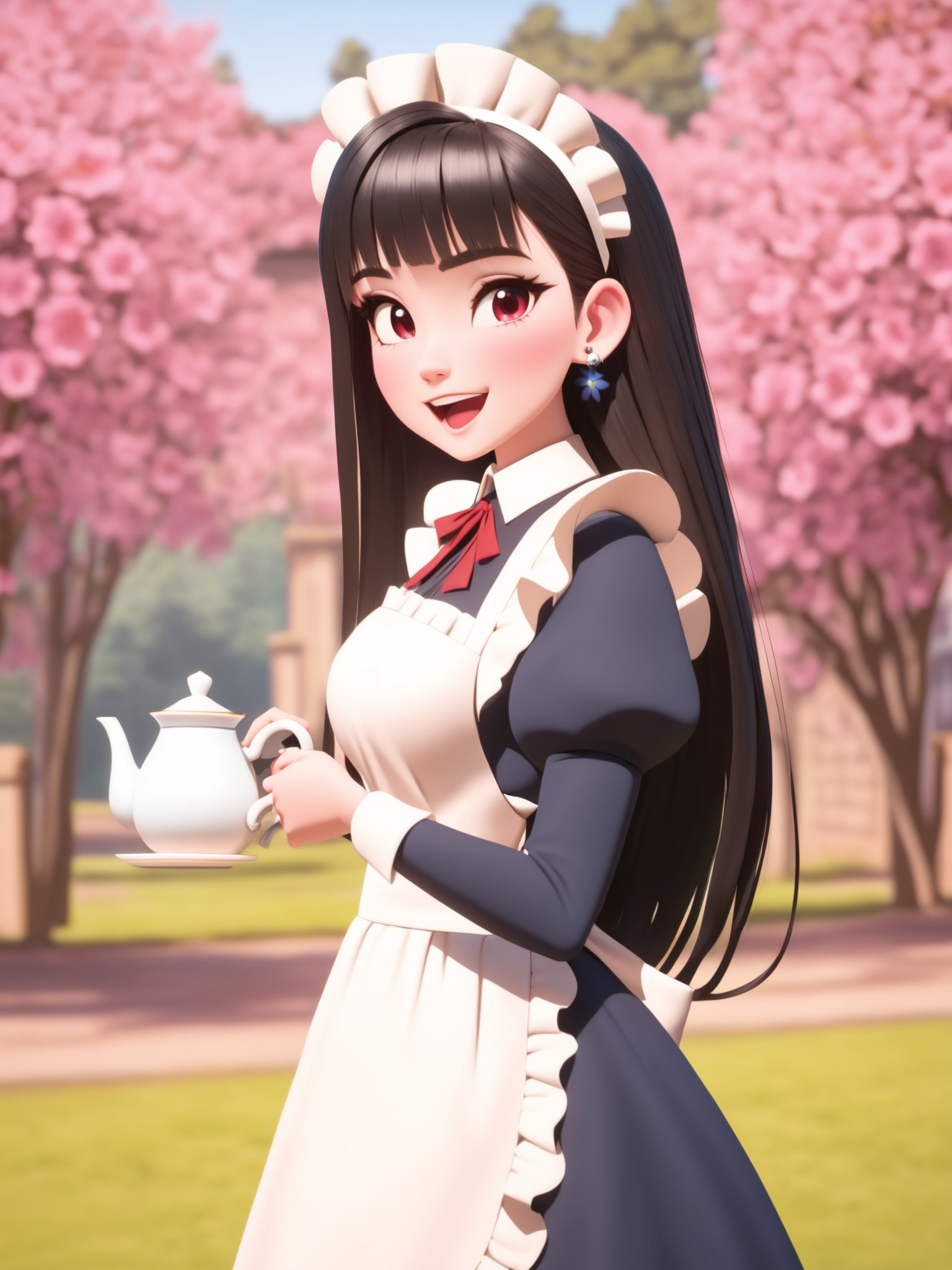 <lora:xl_Disney style(kohaku_delta)-000006:1>,Disney style,3d,1girl, maid, apron, open mouth, solo, maid headdress, cup, jewelry, long hair, earrings, smile, teacup, teapot, long sleeves, looking at viewer, holding, blush, dress, black dress, flower, blurry, maid apron, red eyes, :d, outdoors, bangs, breasts, puffy sleeves, ribbon, twitter username, black hair, white apron, pouring, holding saucer, blurry background, juliet sleeves, eyebrows visible through hair, blue flower, brown hair, holding cup, neck ribbon, red neckwear, teeth, tea, frills, saucer, signature, medium breasts, upper teeth, day, very long hair, holding teapot, pink eyes, depth of field, frilled apron, red ribbon, masterpiece, best quality,