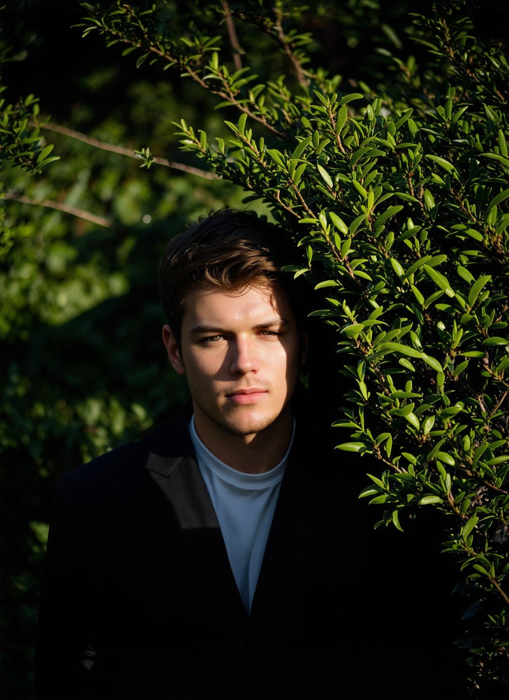 HDR photo of cinematic photo A guy is hiding in a bush . 35mm photograph, film, bokeh, professional, 4k, highly detailed . High dynamic range, vivid, rich details, clear shadows and highlights, realistic, intense, enhanced contrast, highly detailed