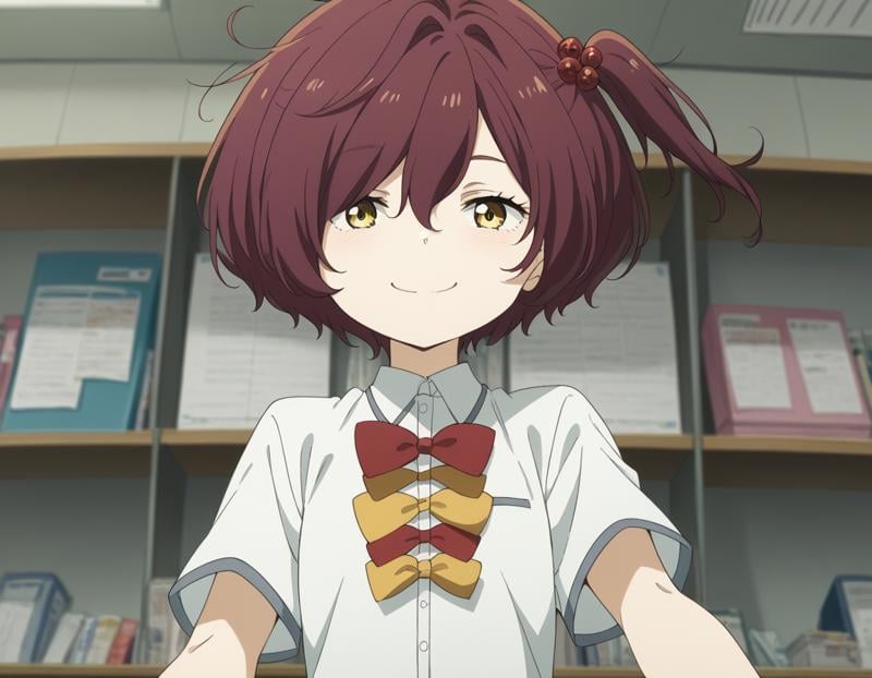 score_9, score_8_up, score_7_up, source_anime, <lora:chika-komari-alpha-ponyxl-lora-nochekaiser:1>, chika komari, short hair, bangs, brown hair, hair ornament, hair between eyes, side ponytail, one side up, hair bobbles, yellow eyes,, skirt, shirt, bow, school uniform, white shirt, short sleeves, pleated skirt, bowtie, yellow bow, grey skirt, yellow bowtie, red bow, red bowtie,, indoors, smile, looking at viewer, solo,, cowboy shot, dutch angle