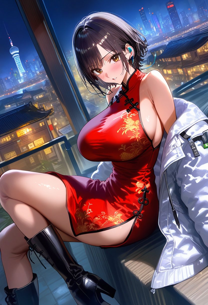 score_9, score_8_up, score_7_up, score_6_up, source_anime,<lora:GEN 0.2v:1>, GEN,1girl, solo, breasts, looking at viewer, blush, short hair, black hair, long sleeves, dress, bare shoulders, sitting, huge breasts, revealing clothes, brown eyes, jacket, outdoors, parted lips, boots, open clothes, sleeveless, black footwear, off shoulder, blurry, open jacket, from side, looking to the side, sleeveless dress, night, white jacket, chinese clothes, red dress, building, china dress, side slit, city, cityscape, earphones, print dress, city lights, angle,