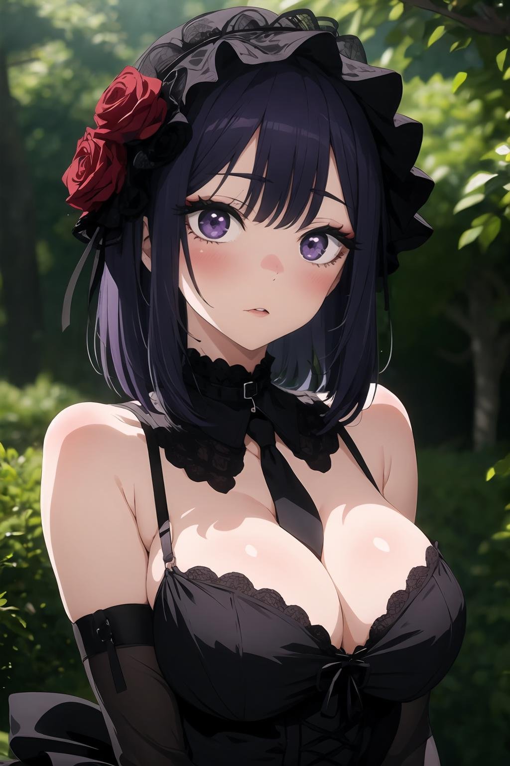 1girl, solo, looking at viewer, blush, bangs, dress, purple eyes, upper body, purple hair, flower, hairband, frills, necktie, medium hair, black dress, collar, cosplay, detached collar, rose, chain, red flower, black necktie, fashion, red rose, leash, gothic, bonnet, chain leash, wig, outdoors, dark atmosphere, large breasts, kitagawa marin, <lora:Sono Bisque Doll wa Koi wo Suru - Marin Kitagawa Updated:0.7>