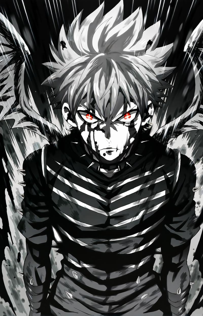 score_9, score_8_up, score_7_up, BREAK source_anime, RageModeV4XL, 1boy, male focus, solo, serious, veins, red eyes, spot color, monochrome, black background, blood, cross (eyes), looking at viewer, blood on face, short hair, greyscale, fangs, spiked hair, glowing, scar, blood on eyes, aura, wings, black wings, (speed lines:1.4), (motion line:1.3), (motion blur:1.2), <lora:RageModeV4XL:1>