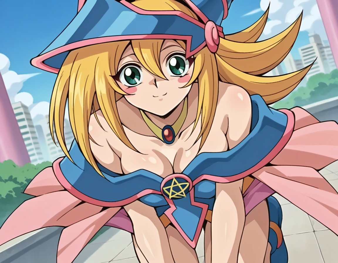 score_9, score_8_up, score_7_up, source_anime,darkmagiciangirl, <lora:dark-magician-girl-anime-ponyxl-lora-nochekaiser:1>dark magician girl, blonde hair, choker, green eyes, long hair, blush, blush stickers,bare shoulders, blue footwear, blush, blush stickers, cleavage, collarbone, duel monster, hat, off shoulder, pentacle, wizard hat,outdoors, cityscape, smile, bent over,looking at viewer, dutch angle, cowboy shot,