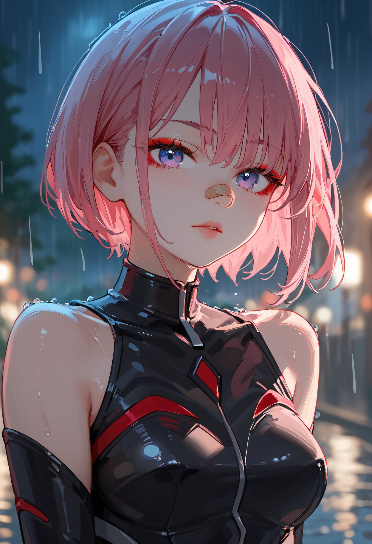 score_9, score_8_up, score_7_up, BREAK 1girl, lucy, short hair, bangs, red eyeliner, bare shoulders, black bodysuit, portrait, bandaid on nose, blurry background, pink lighting, night, dark, pink theme, rain