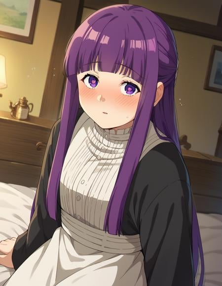 score_9, score_8_up, score_7_up, source_anime,fern, <lora:fern-s1-ponyxl-lora-nochekaiser:1>,fern, long hair, bangs, purple eyes, purple hair, sidelocks, blunt bangs, bright pupils, half updo,long sleeves, dress, white dress, long dress,indoors, bed, bed room, on side, blush, drunk,looking at viewer, cowboy shot, dutch angle,