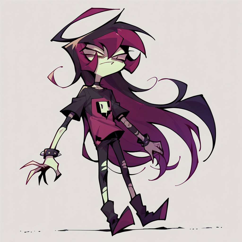 score_9, score_8_up, score_7_up, score_6_up,  <lora:z1mXLP:1> z1m, invader zim, solo, cel shading, 1boy, long hair, black hair