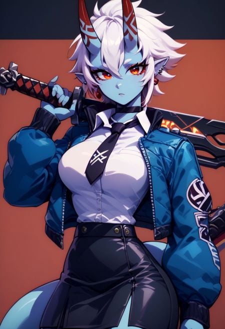 score_9, score_8_up, score_8, big breasts, (curvy), cute, eyelashes, BREAK, soukaku, red eyes, blue skin, white hair, short hair, horns, oni, black choker, blue jacket, white collared shirt, black tie, black skirt, soukaku, looking at viewer, short hair, shirt, long sleeves, holding, jewelry, jacket, tail, white shirt, weapon, earrings, necktie, choker, collared shirt, sword, twitter username, holding weapon, black choker, piercing, ear piercing, black necktie, over shoulder, weapon over shoulder,  zPDXL,