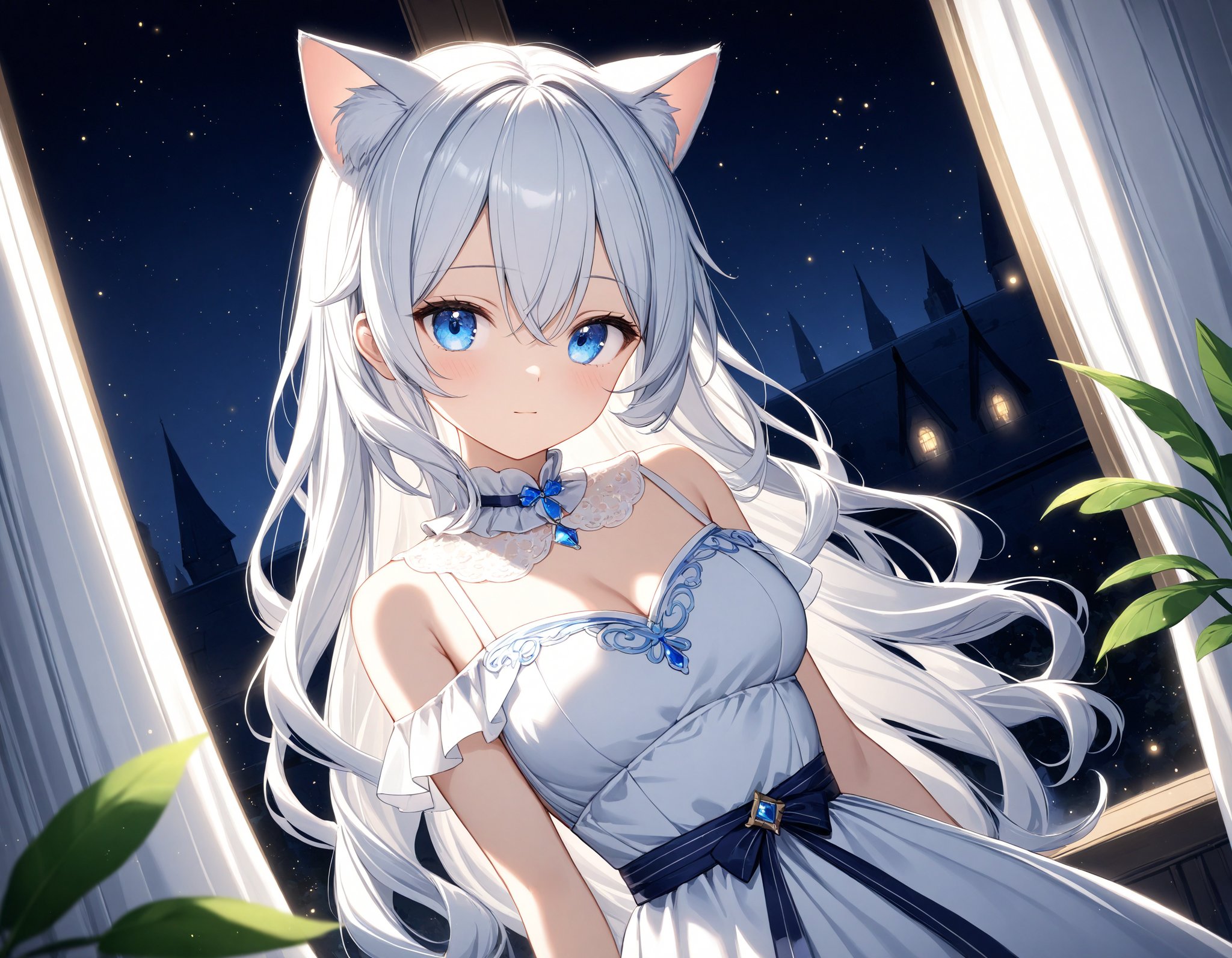 Depth of field. Upper body shot. Cinematic angle. A cute girl. Solo. Neutral expression. Elegant pose. Head tilt. Looking at viewer. (Round face:1.1). Detailed blue eyes. Tareme. Detailed body. (Medium breasts:1.05). Long wavy hair. White hair. Hair between eyes. Cat ears. (White gorgeous dress:1.2). (White lace ruffled collar:1.2). White layerd long skirt. Medieval. Fashionable living room. White sheer curtains. Decorative mini plants. Night sky view from window. (Night:1.2). (Underexpose Lighting:1.4). Cute style. Intricate details. Extremely detailed. Outstanding intricacies. (Masterpiece:1.2). (Best quality:1.2). (Absurdres absolutely resolution:1.4).