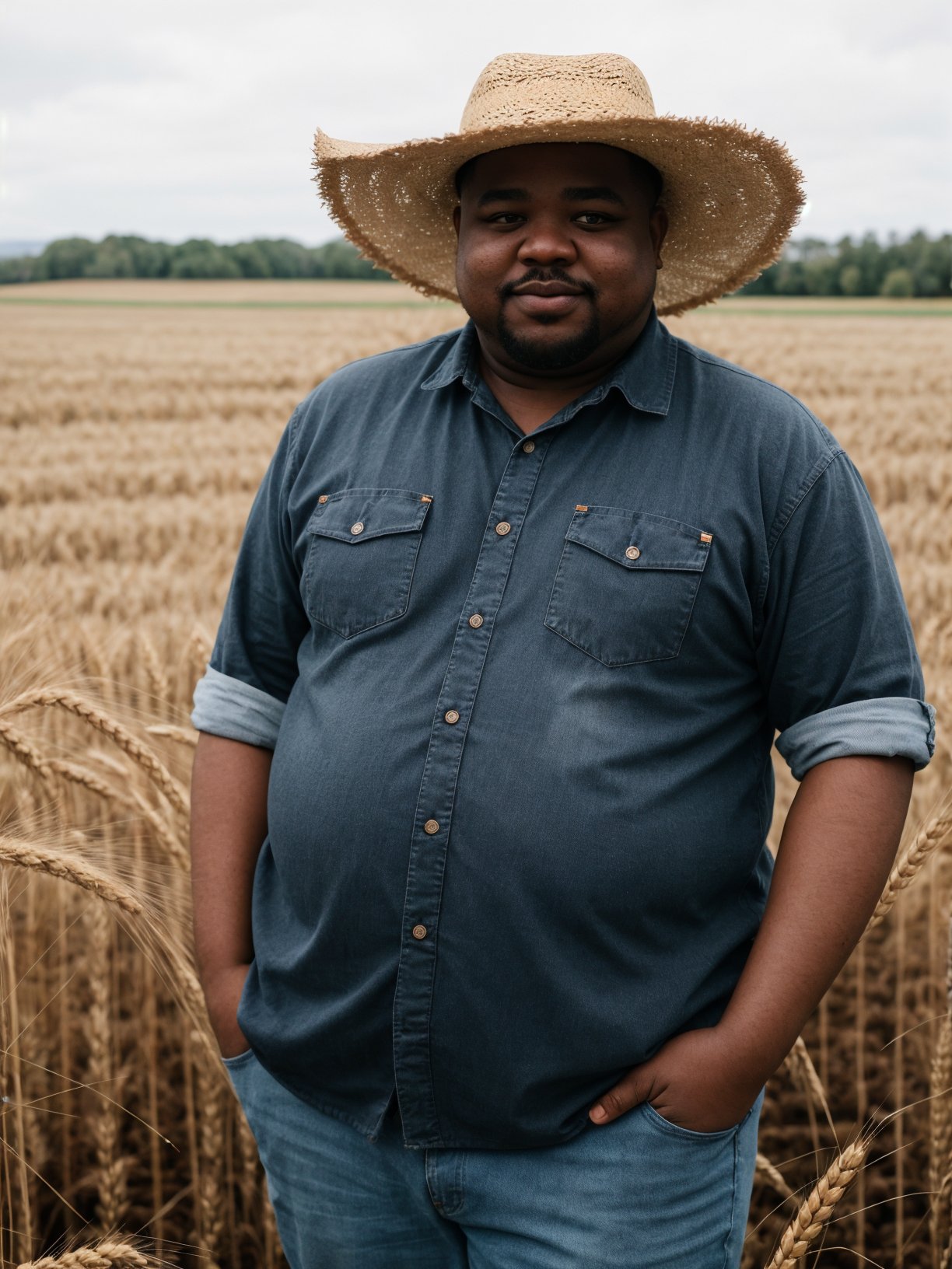 raw photo, a black fat man, a straw hat, (farmer, dirty clothes:1.1), a field with wheat in the background, a ranch, warm lighting, cosy atmosphere, Instagram style, 8k uhd, dslr, soft lighting, high quality, film grain, Fujifilm XT3, (natural skin texture, hyperrealism, soft light, sharp)