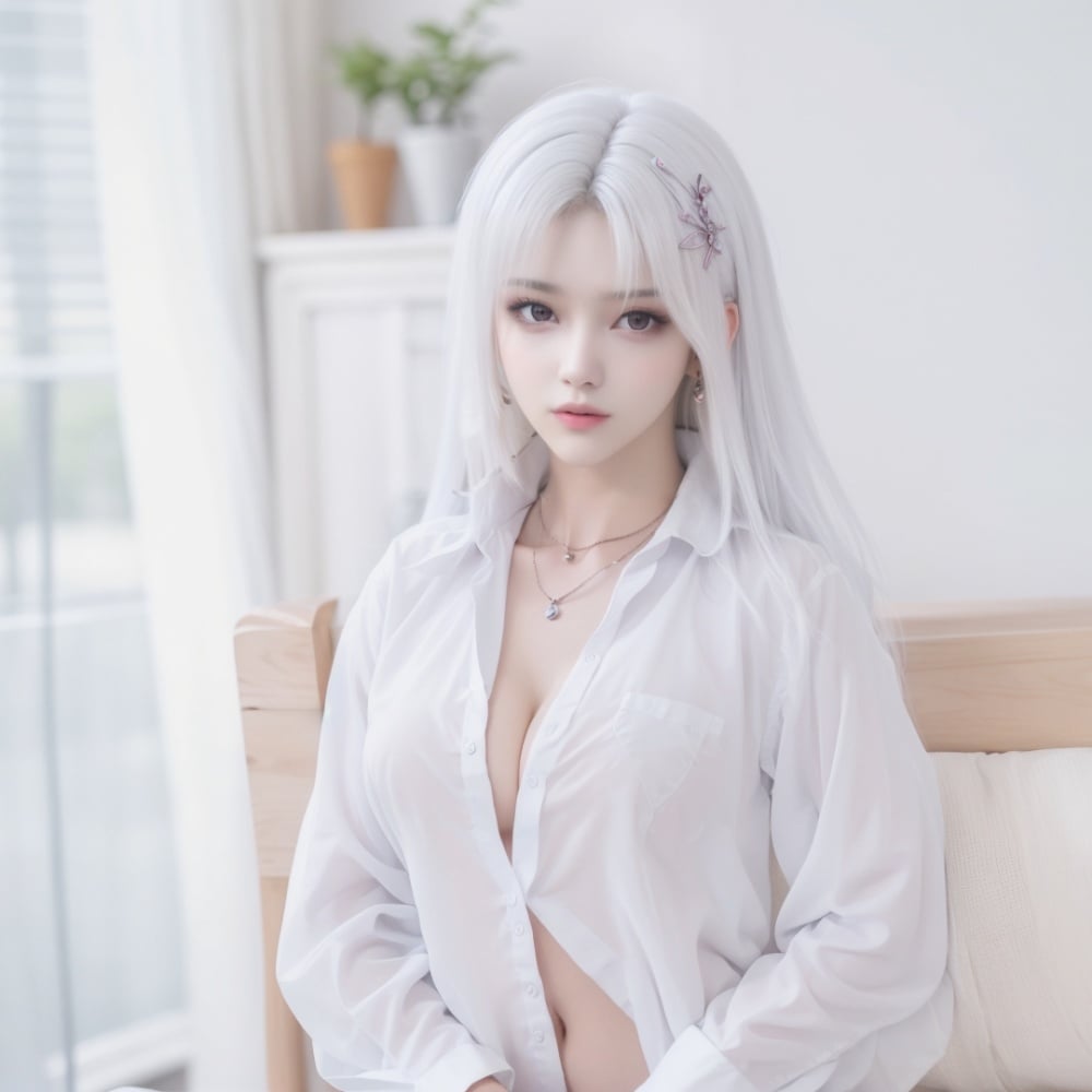 XYX,1girl,solo,long hair,hair ornament,(white hair:1.2),jewelry,earrings,looking at viewer,blurry,brown eyes,<lora:XYX_20240425210843-000006:0.7>,<lora:MHB:0.2>,<lora:HDR:0.5>,<lora:DBD2:0.2>,depth of field,, shirt,realistic,white shirt,dress shirt,long sleeves,collared shirt,bare legs,sleeves past wrists,<lora:Q_20240426094600-000007:0.6:0.6:lbw=Y1>,cleavage,the open shirt,breast,transparent,see-through