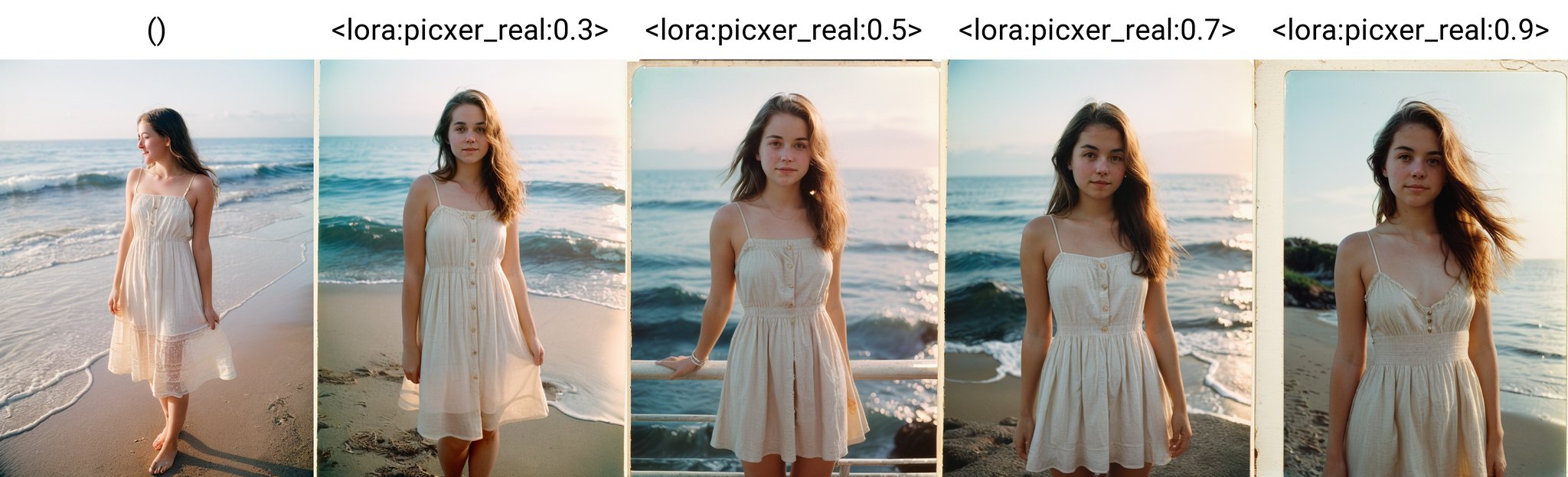 analog photo, upper body, a cute girl, sundress, golden hour, sea, vintage, faded film, (white frame:0.8) ()