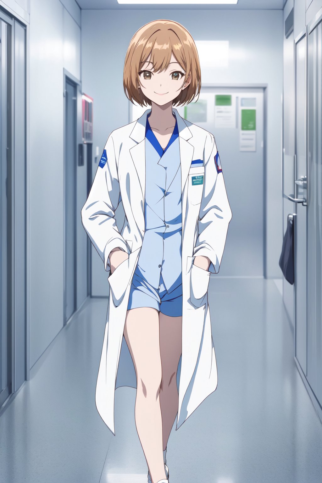 (RAW photo, best quality), 1girl,  natural lighting,  <lora:shouko_dr_elise_v1_2-000004:1>, shouko, labcoat,smile, hospital, hands in pocket, smile, wink, full body, beautiful legs, 