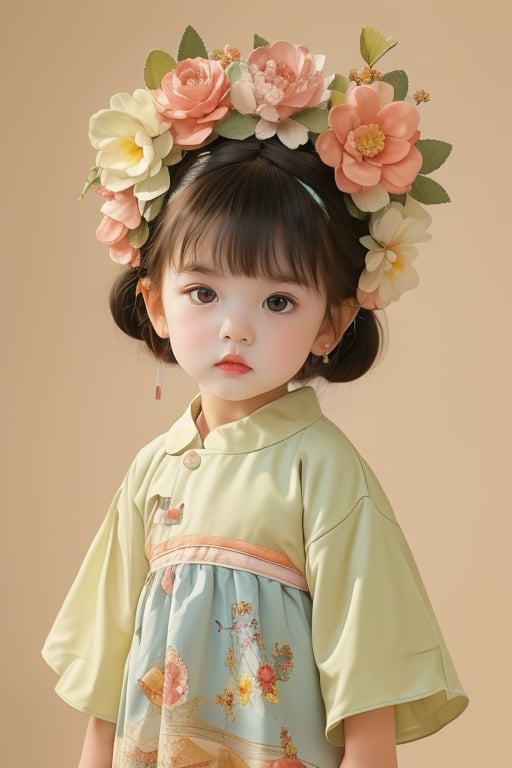 (masterpiece, top quality, best quality, official art, beautiful and aesthetic:1.2), 1girl, 3 year's old ,super cute,chibi face,front view,marketing background,hold a bag,full body<lora:儿童簪花-000005:0.8>