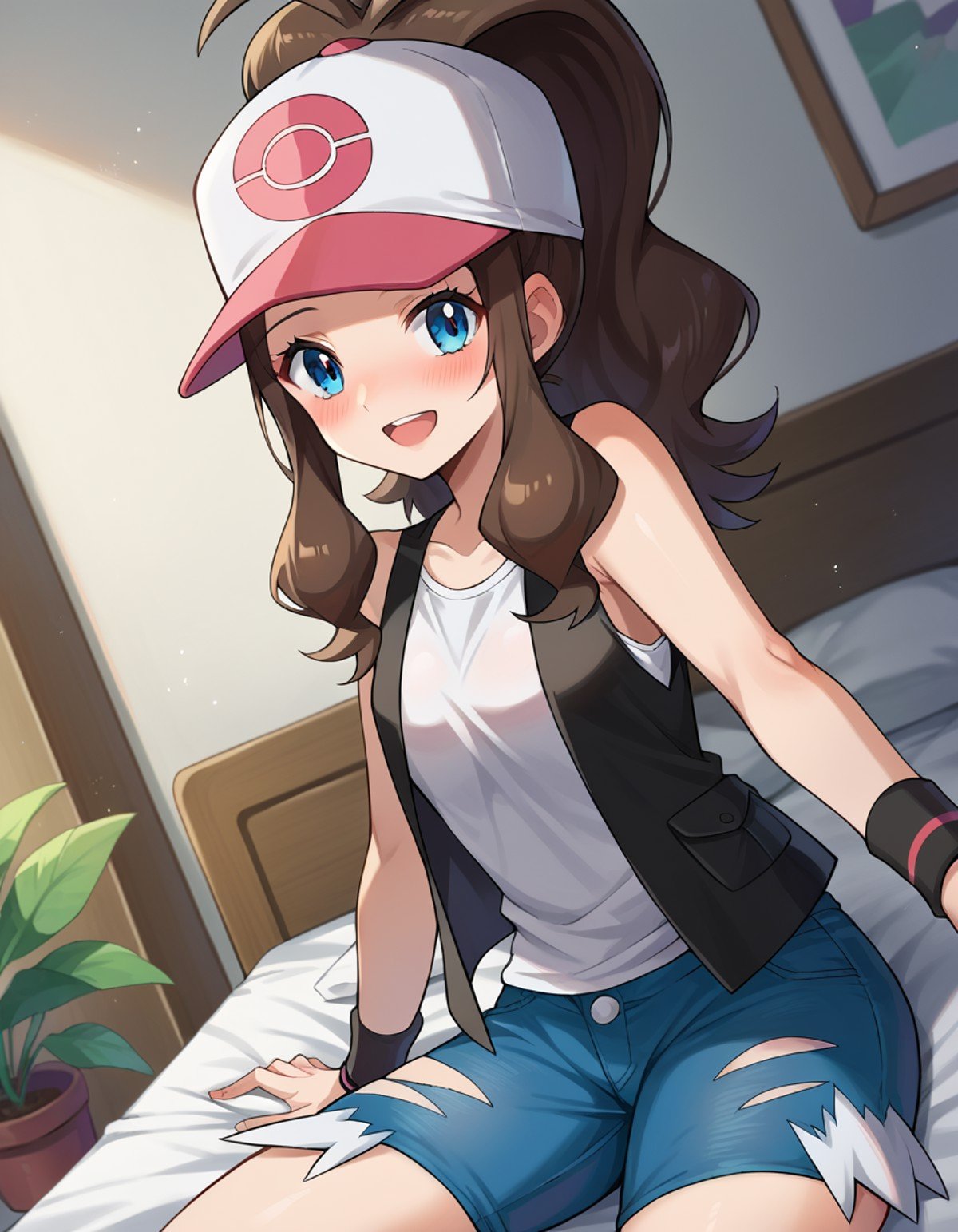 score_9, score_8_up, score_7_up, source_anime,pokemonhilda, <lora:pokemon-hilda-ponyxl-lora-nochekaiser:1>pokemonhilda, blue eyes, brown hair, long hair, ponytail, smile,baseball cap, blue shorts, denim, hat, shorts, vest, wristband, sleeveless, black vest, white shirt, shirt,indoors, bed, bed room, on side, blush, drunk,looking at viewer, dutch angle, cowboy shot,