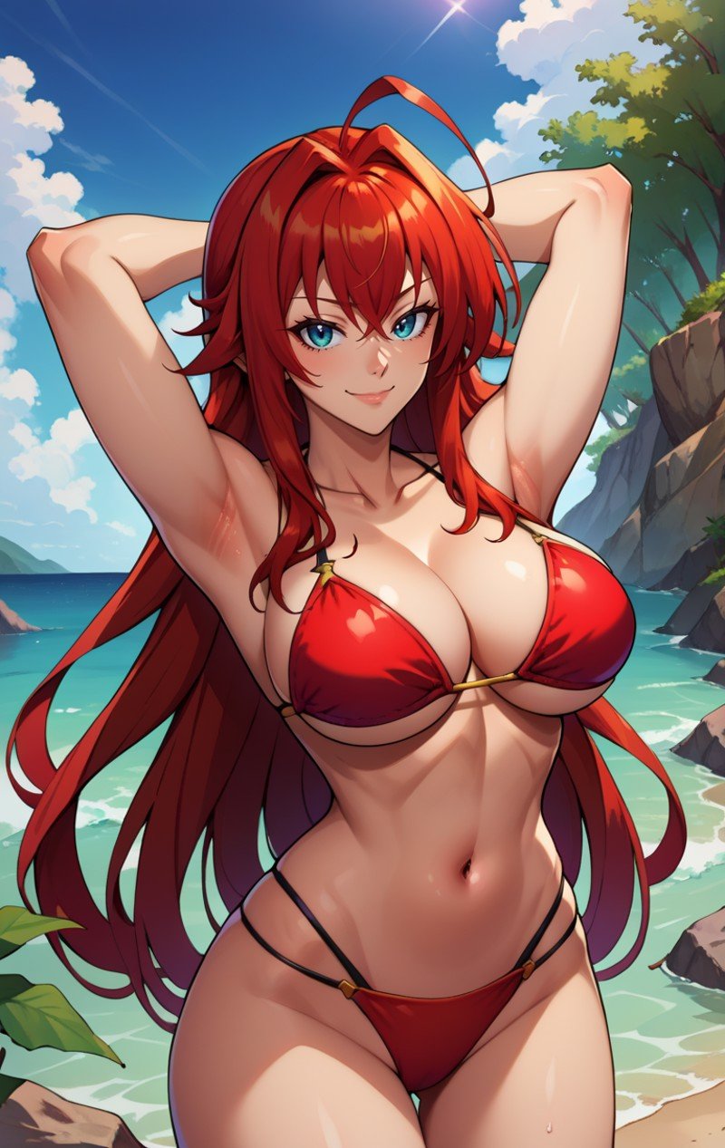 score_9, score_8_up, score_7_up, score_9,  BREAK  <lora:RiasGremorySDXL:0.8> riasgremorySDXL, 1girl, solo, long hair, breasts, looking at viewer, smile, bangs, blue eyes, large breasts, navel, cleavage, hair between eyes, very long hair, closed mouth, standing, collarbone, swimsuit, ahoge, bikini, red hair, outdoors, sky, day, cloud, armpits, water, arms up, tree, groin, arms behind head, red bikini, huge ahoge, rias gremory