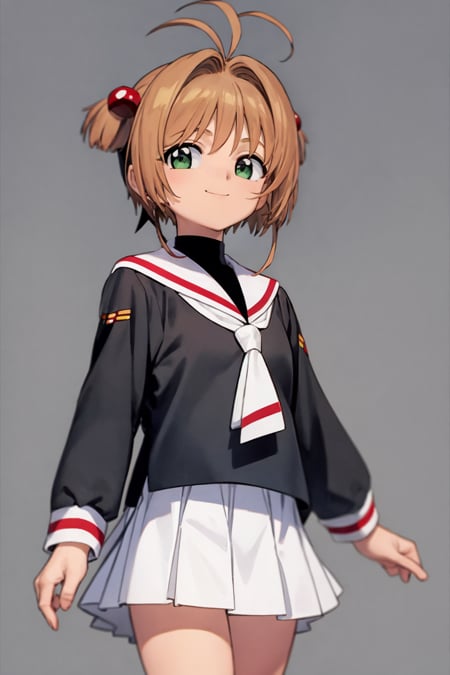 masterpiece, best quality,1girl, kinomoto sakura, antenna hair,  brown hair, short hair, twintails, green eyes, black shirt, long sleeves, neckerchief,  sailor collar, school uniform, serafuku, white skirt, tomoeda elementary school uniform, smile,  upper body, solo, looking at viewer, simple background   <lora:SakuraCardCaptor:1>