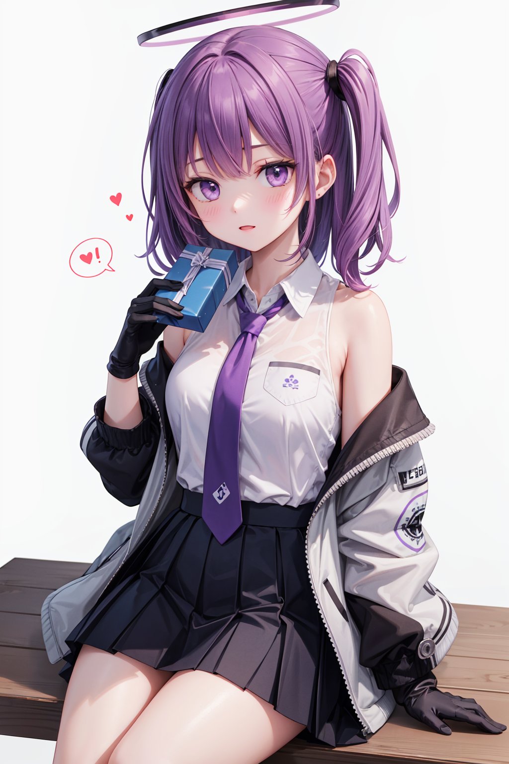 (best quality), (masterpiece), 1girl, halo, jacket, solo, skirt, gloves, purple_hair,blush, two_side_up, necktie, white_background, gift, off_shoulder, black_gloves, sitting, pleated_skirt, long_hair, shirt, white_jacket, purple_eyes, box, simple_background, blue_necktie, black_skirt, open_jacket, open_clothes, bangs, spoken_ellipsis, holding_gift