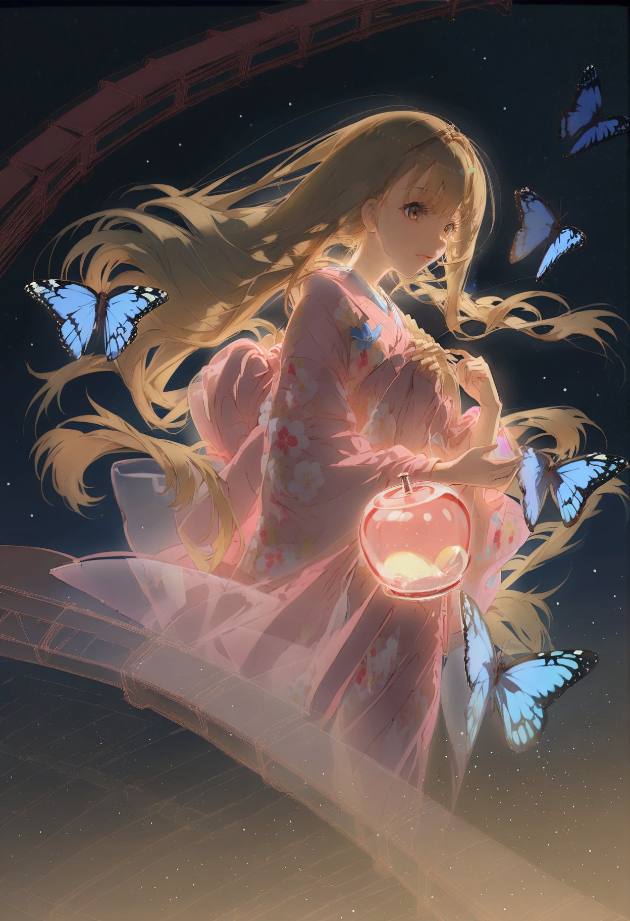 masterpiece, best quality, <lora:REDUMXLANI31lokrV53P1-000121:0.95>  1girl, butterfly, long hair, bug, solo, kimono, japanese clothes, blue butterfly, blonde hair, star \(sky\), night, sky, brown eyes, starry sky, night sky, pink kimono, floral print, floating hair, bangs, long sleeves, holding