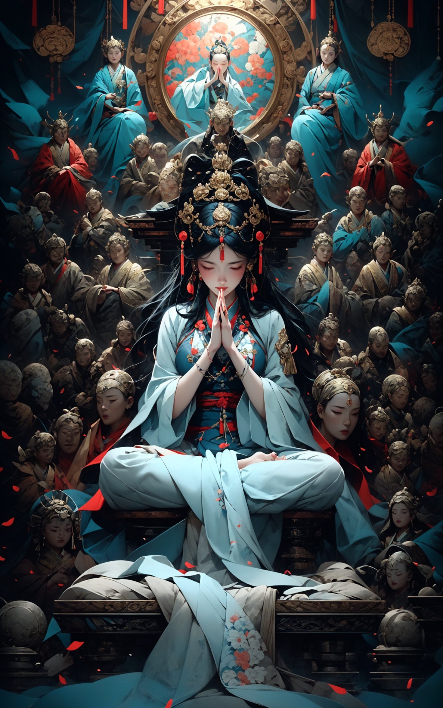 a woman meditating in front of lots of masks, in the style of zhang jingna, photomontage, hirohiko araki, oriental, sergio toppi, theatrical, poster art， <lora:绪儿已成精-佛:0.8>