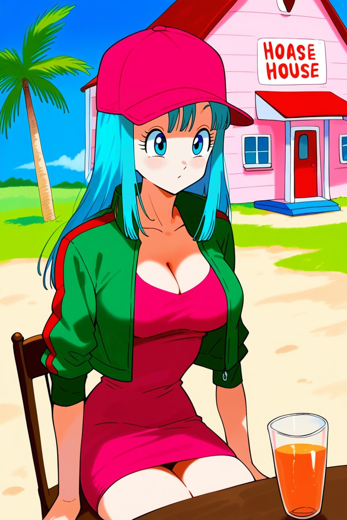 score_9, score_8_up, score_7_up,maron, 1girl,solo, aqua hair, blue eyes, bangs, long hair, pink short dress,pink dress, green cropped jacket,green jacket, baseball cap, outdoors, pink house,table, sitting,orange juice, juice cup, chair,upper body,sand,grass,island,palm tree,cleavage,long sleeves,kame house  <lora:MaronPony:1> 