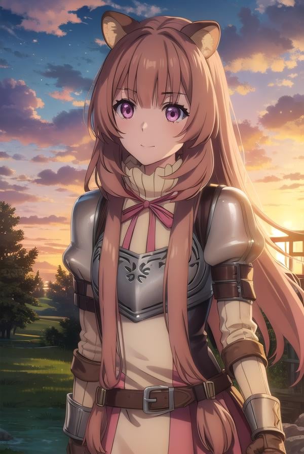 raphtalia, <lora:raphtalia s3-lora-nochekaiser:1>,raphtalia, long hair, bangs, brown hair, animal ears, raccoon ears, raccoon tail, raccoon girl, (pink eyes:1.3), smileBREAK long sleeves, sweater, ribbed sweater, puffy sleeves, breastplate, ribbon, red ribbon, gauntlets, glove, brown gloves, belt, skirt, armor,BREAK outdoors, forest, nature, sun, sky, trees, clouds, grass,BREAK looking at viewer, (cowboy shot:1.5),BREAK <lyco:GoodHands-beta2:1>, (masterpiece:1.2), best quality, high resolution, unity 8k wallpaper, (illustration:0.8), (beautiful detailed eyes:1.6), extremely detailed face, perfect lighting, extremely detailed CG, (perfect hands, perfect anatomy),