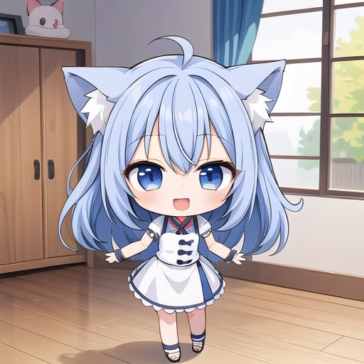 1girl, (chibi:1.4), smile, open mouth, dynamic angle, standing, animal ear, blue hair, indoors