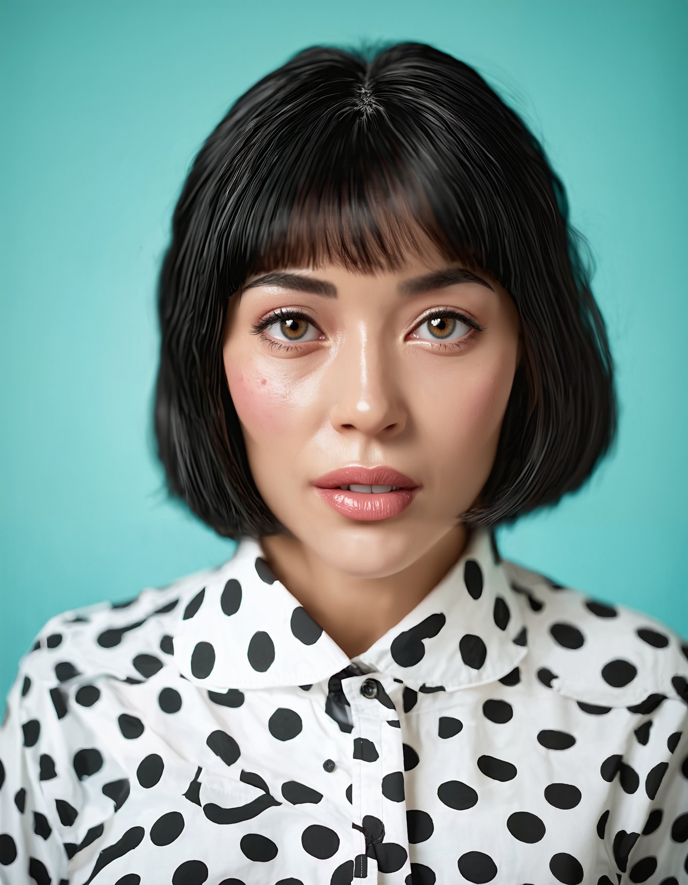 (best quality, 4K, 8K, high-resolution, masterpiece), ultra-detailed, realistic, photorealistic, woman, looking at viewer, black hair, mole, blurry, lips, polka dot, mole under mouth, realistic, polka dot shirt