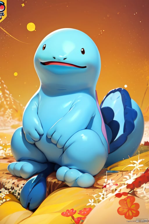 masterpiece,best quality,Quagsire,smooth,Punctate eyes,blue body,smile,full body,sitting,open mouth,pokemon \(creature\),no humans,(three toes:1.2),Thick tail<lora:EMS-343911-EMS:0.800000>