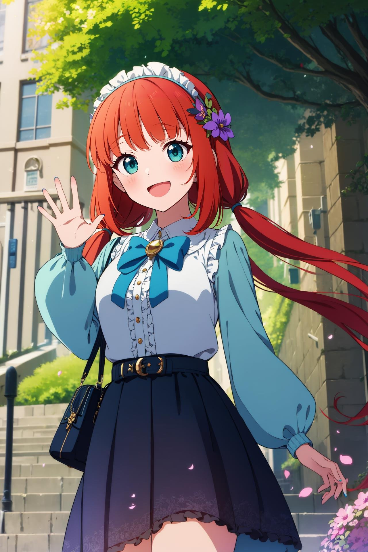 masterpiece, best quality, absurdres, nilou (genshin impact), 1girl, purple flower, skirt, flower, solo, frills, long hair, bangs, long sleeves, red hair, smile, parted bangs, hair flower, petals, looking at viewer, shirt, blue skirt, outdoors, brooch, twintails, hair ornament, white shirt, hairband, nail polish, alternate costume, floral print, bag, aqua eyes, open mouth, :d, blush, frilled sleeves, bow, falling petals, hand up, frilled hairband, blue gemstone, holding, blue bow, puffy long sleeves, very long hair, frilled skirt, frilled shirt, handbag, gem, waving, belt, jewelry, low twintails, bowtie, tree, contemporary, cowboy shot, clothing cutout, day, floating hair, braid, shoulder cutout, puffy sleeves, breasts, blue hairband, blue bowtie, light, green eyes, <lora:nilouGenshinImpact_v10:.8>, anime_coloring,anime_keyvisual, colorful,vivid<lora:envybetterhandsLocon_beta2:1>