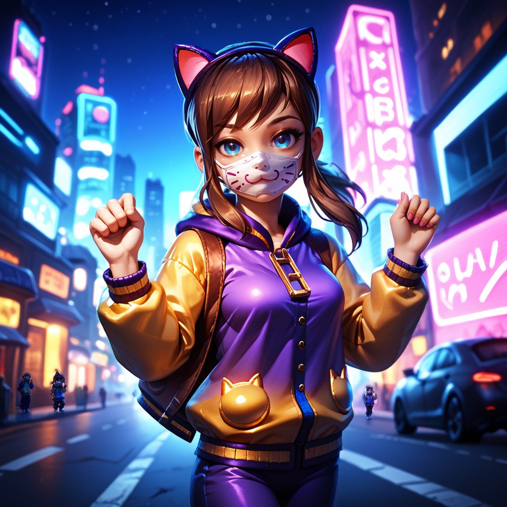 <lora:hatkid:1>,1girl,solo,hat-kid,aged up,medium breasts,brown hair,sidelocks,ponytail,blue eyes,fake cat ears,cat mouth mask,yellow-purple letterman jacket,outdoors,city,neon lights,blurry background,night,night sky,street,science fiction,cowboy shot,hands up,paw pose,looking at viewer,bedroom eyes,, score_9, score_8_up, score_7_up, perfect anatomy, source_anime, zPDXL2,