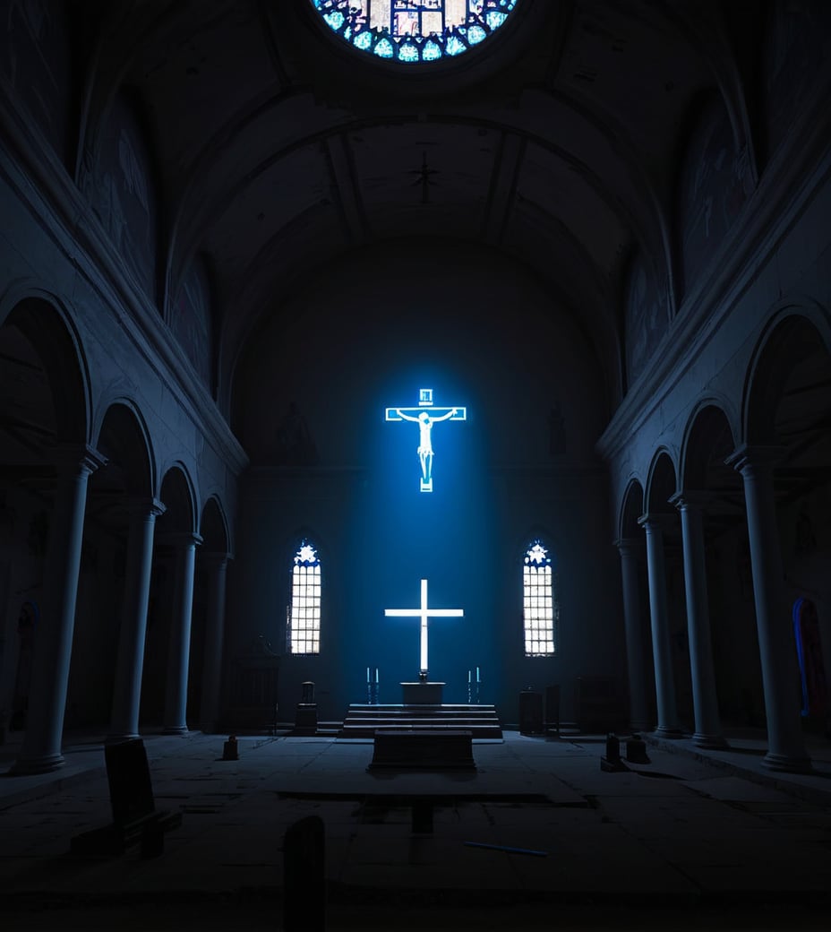 (Game CG style:1.2),ink,(((bone))), (((ribs))), rose, black hair, blue eyes, greyscale, no shadow, simple background, bright skin,Game CG style,this is an abandoned church or temple,surrounded by darkness,with only a faint light illuminating the central area. in the center stands a huge altar with two silhouetted figures facing each other. around the altar are scattered statues and relics,some lying on the ground,while others are still standing. the walls and ceiling of the building are adorned with intricate carvings and murals depicting religious scenes. there's a sense of mystery and eeriness in the air,