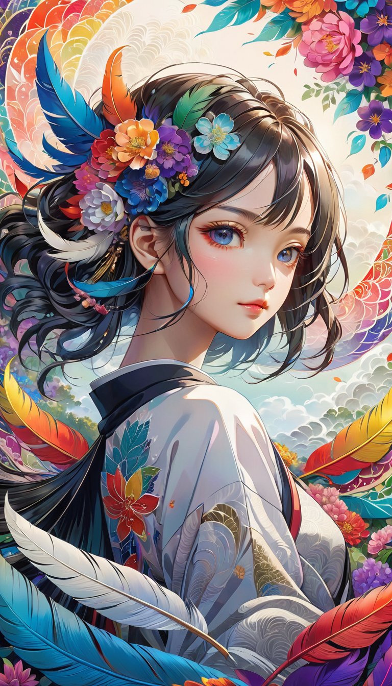 Zen painting illustration,anime art style,masterpiece,top quality,best quality,official art,beautiful and aesthetic,(1girl:1.2),extremely detailed,colorful,flowers,highest detailed,zentangle,abstract background,shiny skin,many colors,feathers,