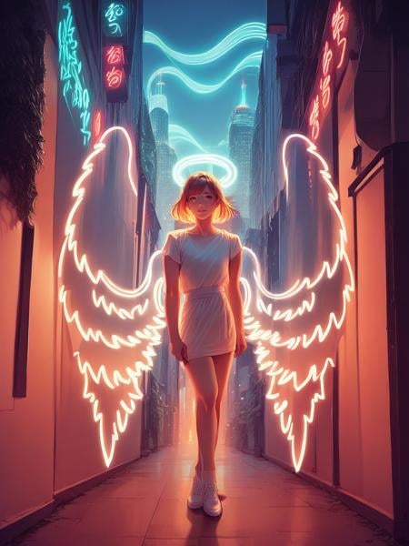 score_9, score_8_up, score_7_up, score_6_up, score_5_up,  source_anime,  <lora:n30nw1ngsXLP2:1> n30nw1ngs, neon light wings, wings, angel, cityscape, 