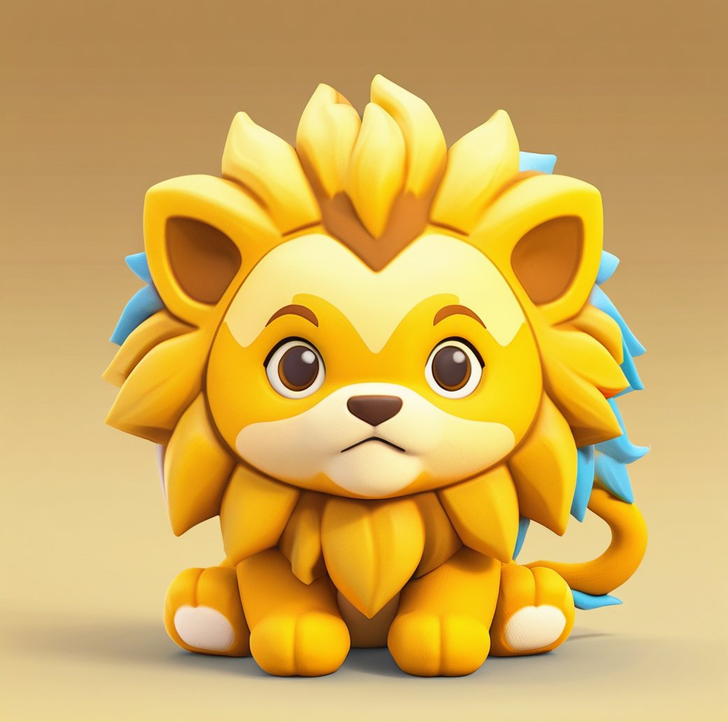 digital game illustration, animated lion character, 3d illustration, cute, stylized, toy-like, yellow and orange color palette, large eyes, sitting pose, neutral background, smooth texture, simple shapes, character design, frontal view, digital art, game asset ,<lora:游戏-000002:0.6>