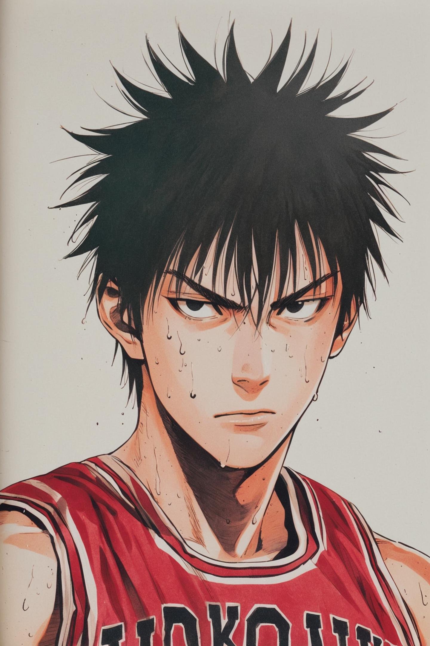 Rukawa Kaede,red basketball uniform,1boy,male focus,solo,sportswear,black hair,white background,simple background,sweat,sleeveless,spiked hair,closed mouth,traditional media,hair between eyes,bangs,black eyes,looking at viewer,serious,clothes writing,upper body,<lora:Inoue Takehiko_XL:0.8>,