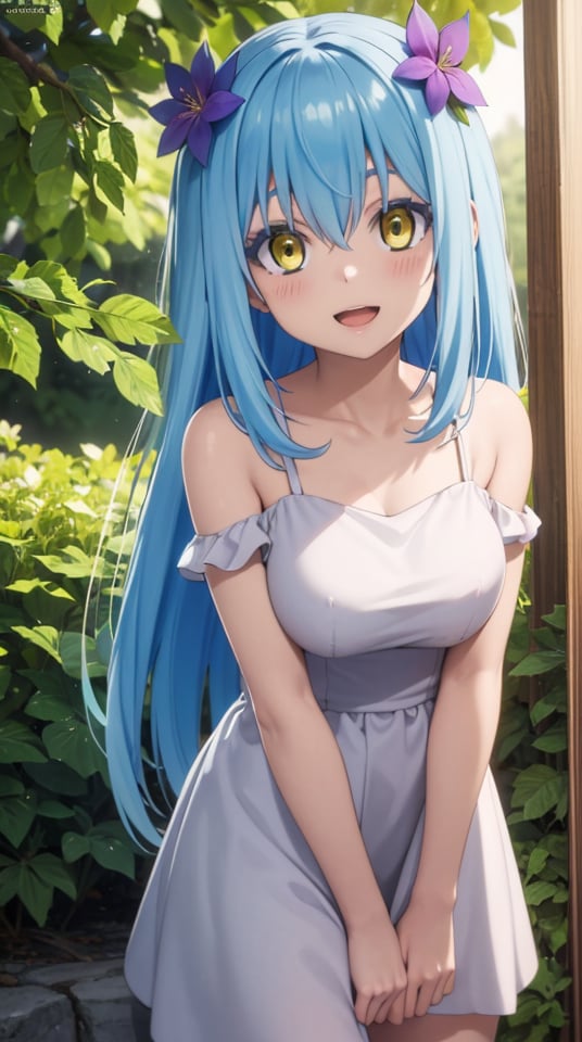 (masterpiece, best quality), ray tracing, absurdres, HDR,rimuru tempest, underground lake goddess, 1girl,large breats,blue hair , yellow eyes,solo, hair between eyes, long hair,  open mouth, smile, hair ornament, leaf hair ornament, hair flower, , , off shoulder, bare arms, ,blush,looking at viewer,<lora:rimuru_lake_goddess:0.7>