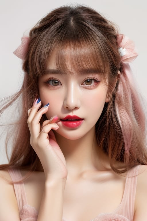 (fashion photography:1.3),(sweet:1.2),((nail polish, eyeliner, eyelashes, lipstick, makeup)),The girl has long,(wavy hair with a mix of pink and white colors:1.1),which gives off a soft and whimsical vibe. They are wearing what appears to be a light-colored,possibly pink,top with a ruffled neckline. The person is also adorned with accessories that include a headband with a bow and what looks like a feather or a decorative element on the side. The overall aesthetic is very cute and playful,with a focus on pastel colors and a fantasy-like quality. The background is simple and does not distract from the subject,which is the person's face and upper body,<lora:add_detail 3:1>,<lora:pcm_sd15_normalcfg_8step:1>,