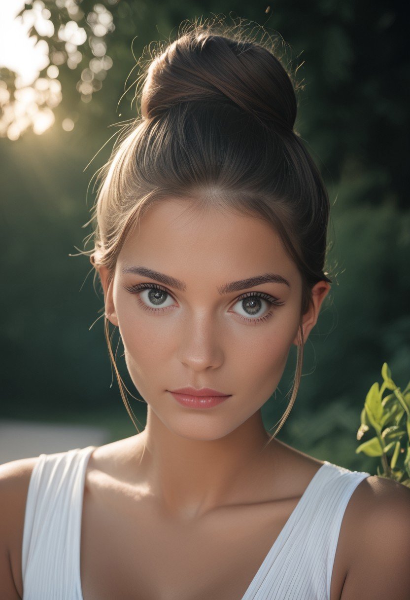 real_beauty, score_9, score_8_up, score_7_up,1girl, 24 years old, beautiful eyes, hair in a bun,  bright eyes, fit, perfect skin, RAW photo, portrait, hyper detailed, ray tracing, outdoors, dramatic lighting, afternoon, portrait