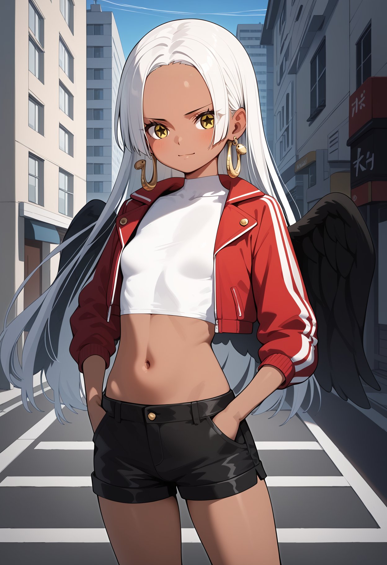 score_9, score_8_up, score_7_up, score_6_up, score_5_up, score_4_up, source_anime, aasnake, long hair, white hair, dark skin, earrings, yellow eyes, symbol-shaped pupils, black wings, small breasts, <lora:s-snake_ponyxl_v1:0.9>, cropped jacket, crop top, white shirt, short shorts, hands in pockets, street, city