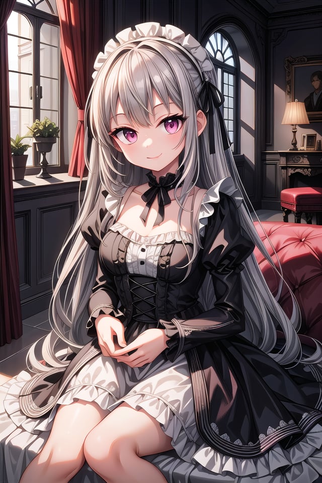 ((masterpiece:1.4, best quality)), ((masterpiece, best quality)),one girl, cute girl, silver hair, long hair, pink eyes, smile, black gothic dress, white frill, hair dress,indoors, castle, gothic, cute pose