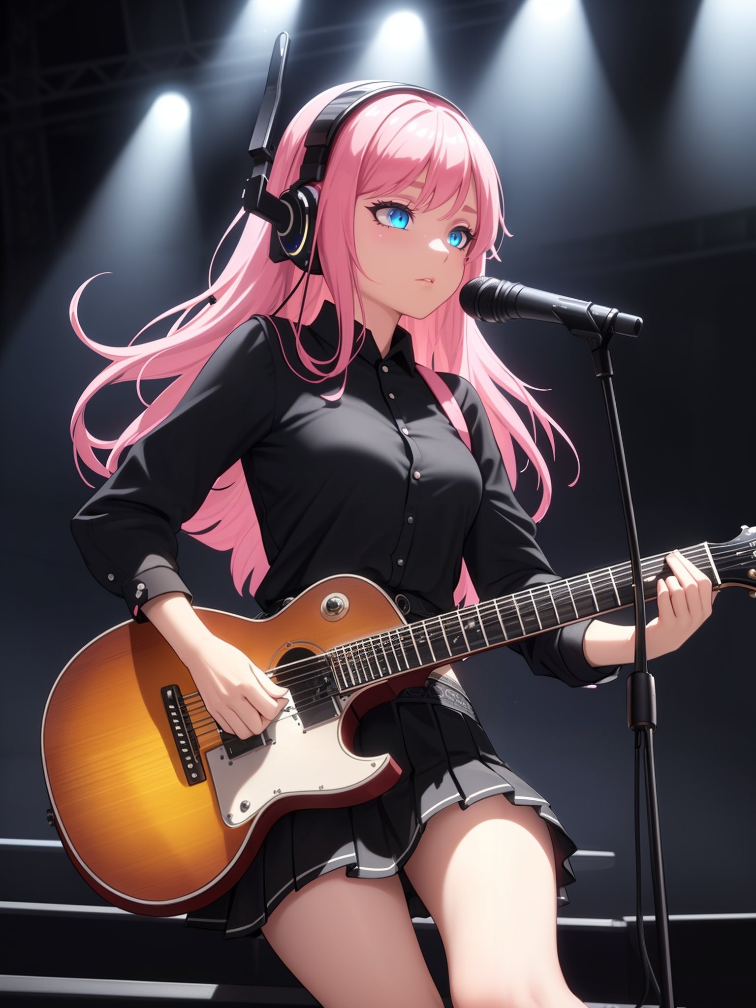 (masterpiece) and (best quality)1girl, (cinematic light), colorful,  (detailed background:1.4), (beautiful detailed face, beautiful detailed eyes), high contrast, (best illumination, an extremely delicate) solo, black skirt, blue eyes, electric guitar, guitar, headphones, holding, holding plectrum, instrument, long hair, music, one side up, pink hair, playing guiter, pleated skirt, black shirt, indoors ((caustic)), dynamic angle,beautiful detailed glow,full body