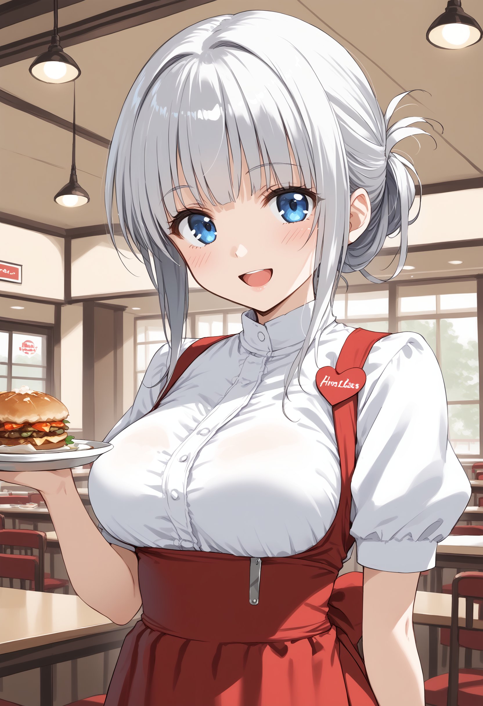 1girl, medium breasts,anna miller ,waitress,name tag,high-waist skirt,suspender skirt, apron,restaurant,  <lora:annamiller_Pony_v1:0.8>ceiling, upper body, looking at viewer, silver hair, blue eyes,fingersmile, open mouth, folded ponytail hair,