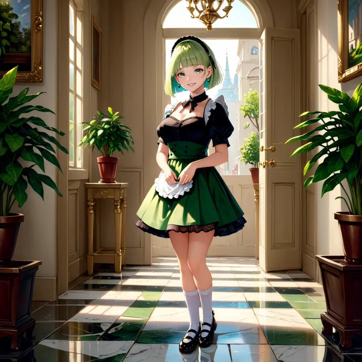 (masterpiece, best quality, highest quality, raytracing, HDR, realistic:1.4)BREAK maid outfit, short skirt with lace hemline, Mary Janes, ruffled socks, marble floor, potted plants, chandeliers, window, door, gold furnitureBREAK light green hair, green eyes, bob cut with blunt bangsBREAK (from side, seated, full body:1.2) 