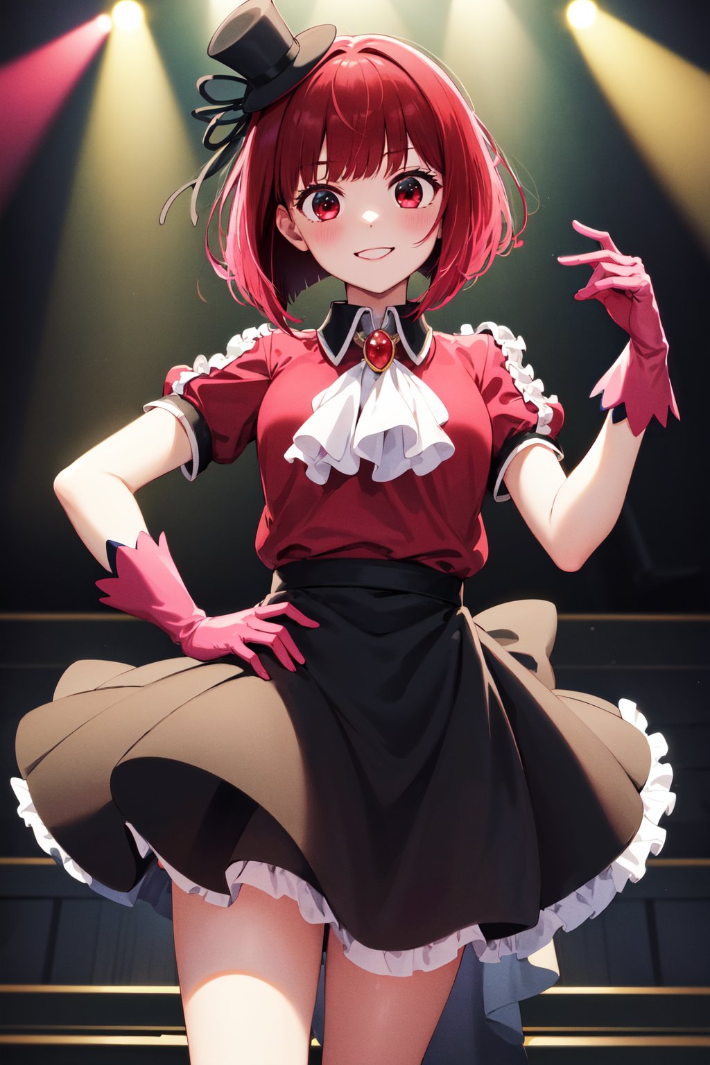 masterpiece, best quality, highres, aakana, short hair, mini hat, head tilt, red eyes, jewelry, brooch, white ascot, frills, red shirt, short sleeves, pink gloves, black skirt, <lora:arima_kana_v1:0.7>, hand on hip, stage, standing, smile