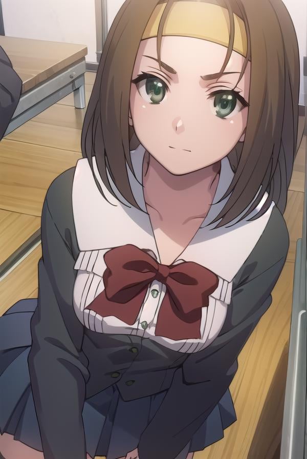 kumimori, <lora:kumi mori s1-lora-nochekaiser:1>,kumi mori, brown hair, hairband, (green eyes:1.5), medium hair,BREAK skirt, thighhighs, school uniform, shoes, black thighhighs, zettai ryouiki, bow, red bow,BREAK indoors, classroom,BREAK looking at viewer, (cowboy shot:1.5),BREAK <lyco:GoodHands-beta2:1>, (masterpiece:1.2), best quality, high resolution, unity 8k wallpaper, (illustration:0.8), (beautiful detailed eyes:1.6), extremely detailed face, perfect lighting, extremely detailed CG, (perfect hands, perfect anatomy),